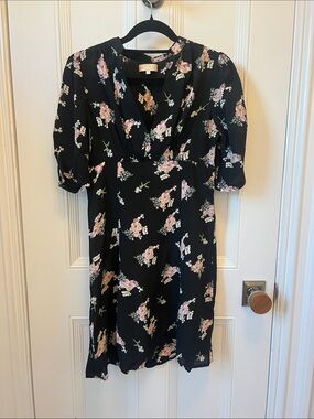 Floral V-Neck Black Dress with Pink Accents